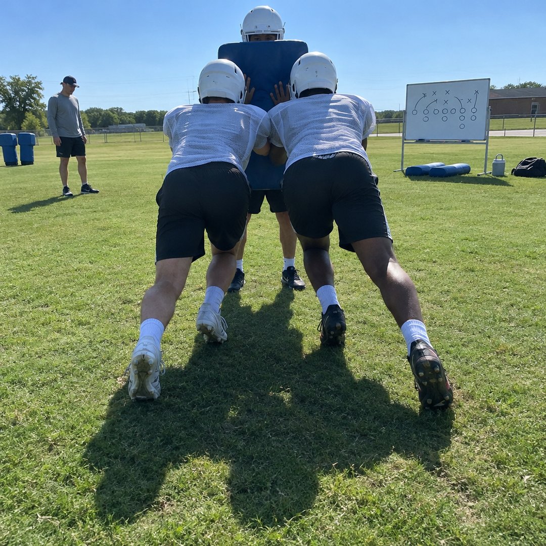 Offensive linemen working on their blocking technique